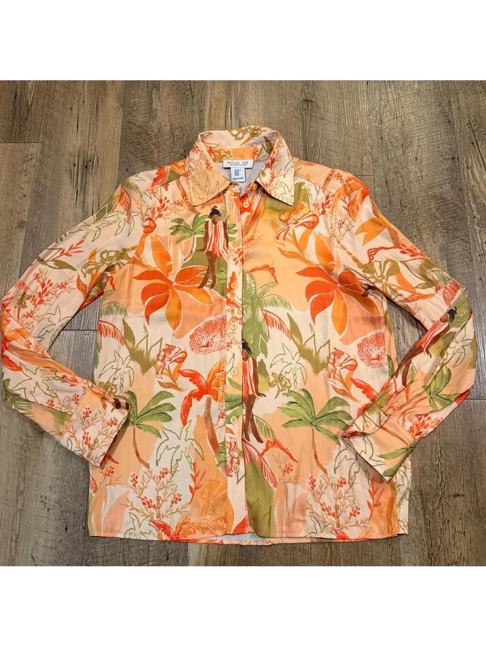 Rachel Zoe Vibrant Floral Tropical Button Up Long Sleeve Orange XS
